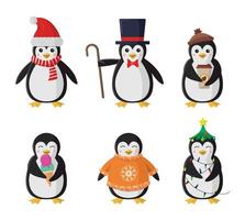Penguin icon set. Collection of penguins in clothes or with objects. vector