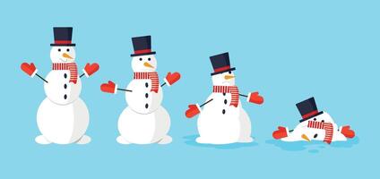 Snowman on blue background gradually melts and disintegrates. vector