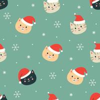 Seamless pattern with cat faces in red Christmas hats. graphics vector