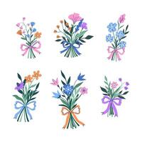 Set of bouquets of flowers tied with ribbons. graphics. vector