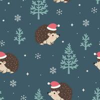 Simple funny seamless pattern with hedgehogs in Christmas hats. graphics. vector