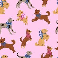 Seamless pattern with cute dogs with colorful ribbons on their necks. graphics. vector