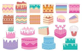 Different kinds of cakes flat set. Slices of cakes and big cakes with icing set. vector