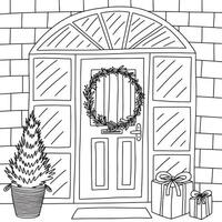 Christmas front door with wreath sketch vector