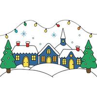 Enchanting Snow-covered Christmas Village with Festive Evening Lights vector