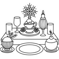 Christmas table setting with dishware. silverware and decorations on festive table. vector