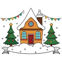 Christmas scene with snow covered house. decorated trees and lanterns. beautiful banner vector