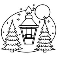 Christmas scene with a lantern. trees and blurred lights background. Christmas background vector