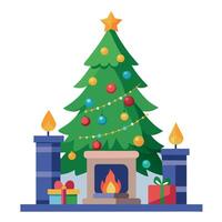 A decorated christmas tree in front of a fireplace with lit candles. vector