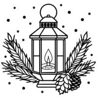 Old christmas candle lantern with spruce branch and cones in snowfall. Blue bokeh forest background. vector