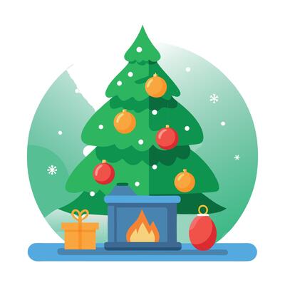 Beautiful green Christmas tree with decorative round balls in a room with a burning fireplace