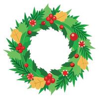 A festive christmas wreath made of green pine branches. red berries and pine cones hanging on a door vector