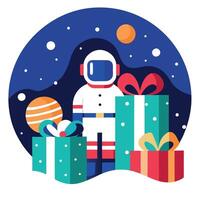Christmas presents in the snow arranged by an astronaut. Merry xmas futuristic background. image vector
