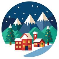A flat design of a snowy mountain town with houses and trees vector