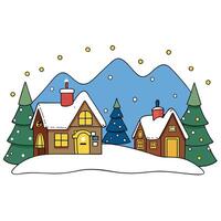 Cozy snow covered village with twinkling lights background. Created with technology vector