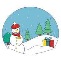 Create a snowman scene with the gift in a snowy landscape. vector
