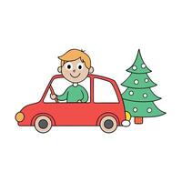 Smiling little boy sitting in the car with his dog and looking at christmas trees vector