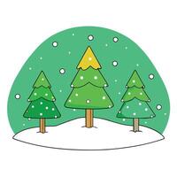 Simple cartoon new year trees on christmas snowing green background vector