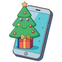 Smartphone with christmas tree and gifts on screen. 3D rendering. Merry Christmas concept. vector