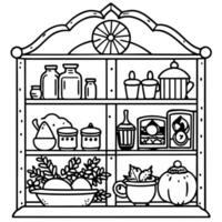 A black and white image of a cabinet with food items vector