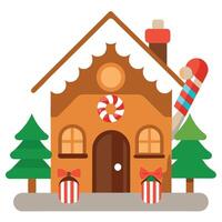 A gingerbread house with candy and candy canes on the front of it and a christmas scene behind it. vector