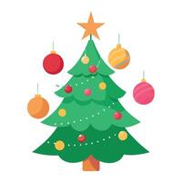 A close up of a christmas tree with ornaments hanging from it. vector