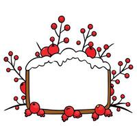 Snow-covered board frame framed by branches with red berries covered in frost. Copy space. vector