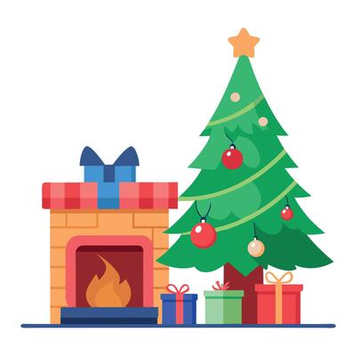 A gift under the Christmas tree in an interior with a fireplace