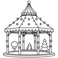 Snow-covered gazebo adorned with twinkling lights and a glimpse of Santa's sleigh. vector