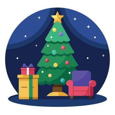 A decorated Christmas tree and wrapped gift under it in a dark sitting room. Christmas time