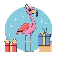 Elegant tropical flamingo with christmas gift boxes on blurred party background vector