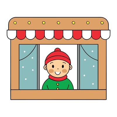 Excited child looking into the window of a christmas shop with bokeh lights