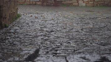 A rainsoaked cobblestone street lined with weathered ancient walls creates a distinct atmosphere video