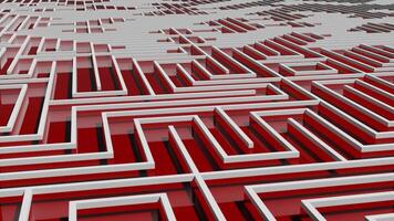 3D background with white maze pattern under glossy red floor with realistic reflections and moving camera effect. Abstract animation for business and office presentation or art performance. 4K 60fps video
