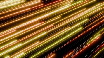 Looped background with bright colored light streaks moving on a black background with neon glow effect. Red, yellow and golden laser lines screensaver for art and music show performance. Loop 4K 30fps video