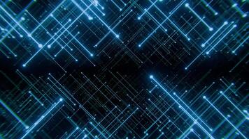 Animated screensaver in science fiction style with glowing technology pattern of blue dots and lines on a black background. Futuristic VJ loop animation of flying through abstract cyberspace. 4K 60fps video
