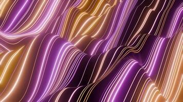 Looped background with abstract striped waves and bright neon lines on a shiny surface with glow effect. Stylish pink and golden lights animation for nightclub, art and music show. VJ Loop 4K 60fps video