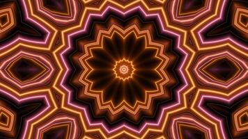 Looped kaleidoscope background with intricate floral pattern made of glowing neon lines. Bright psychedelic mandala screensaver for art, music festival show and vj performance. Seamless loop 4K 60 fps video