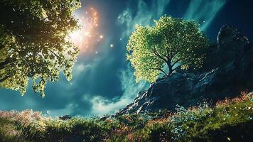 Magical forest under the starry night sky with glowing trees and a magical cosmic atmosphere. Fantasy nature scene with mysterious trees and colorful flowers. video