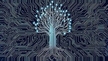 Futuristic circuit board in tree shape, capturing the essence of technological evolution, data networking, and virtual connections in the world of advanced tech video