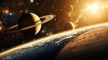 lindo cósmico cena do Saturno e Está argolas dentro profundo espaço, exibindo a maravilhas do a galáxia, astronomia, e a distante reinos do a solar sistema video