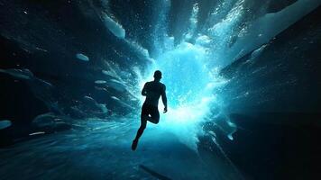 Man Runs Towards Sci-Fi Portal for Time Travel Adventure, Capturing a Thrilling Futuristic Escape Concept with Vivid Blue Energy Burst and Cosmic Light Effects video