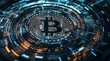 Glowing bitcoin emblem within a digital network, representing the innovation and secure technology of blockchain in modern finance and cryptocurrency video