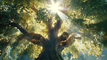 Mystical forest scene with sunlight streaming through an ancient tree, highlighting the harmony and timeless beauty of nature wonders video