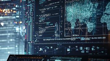 Businessman analyzing data in a modern control center, featuring cybersecurity, global network intelligence, and high-tech monitoring systems video