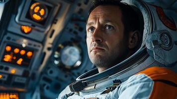 Close-up of a serious astronaut inside spaceship, surrounded by control panels, capturing the intensity and focus required for space exploration and modern technology video