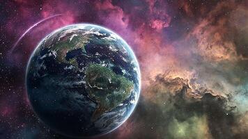 Stunning view of Earth against colorful nebula and starry sky, capturing the beauty of our planet in the vast, colorful cosmos video