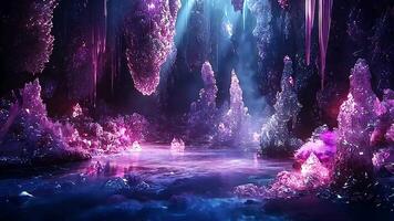 Fascinating crystal cave with mysterious sparkles and bright purple gems illuminated by magical luminous stones and supernatural colors in a fantasy scene video