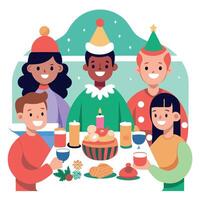 A group of people sitting around a table with a christmas cake vector