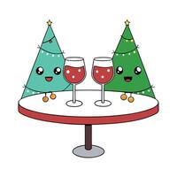 Two glasses of wine on table in front of Christmas tree and lights vector